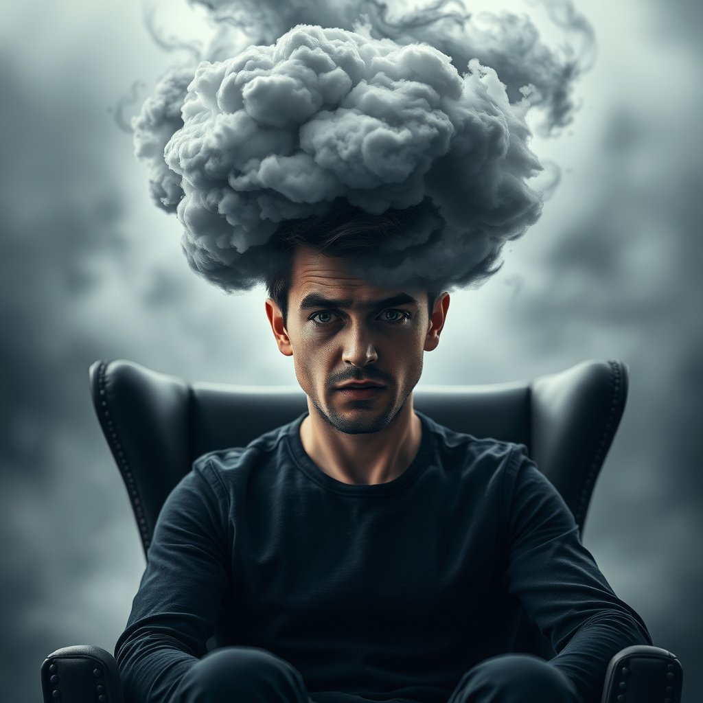 A photorealistic image of a person sitting in a chair, with swirling storm clouds surrounding their head, representing anxiety. The person's face shows a mix of fear and determination. The background is blurred and indistinct. The color palette is dark and ominous, with grays and blues dominating. Lighting is dramatic, highlighting the contrast between the person and the storm clouds. The style is evocative and emotionally charged. Render in high quality detail.