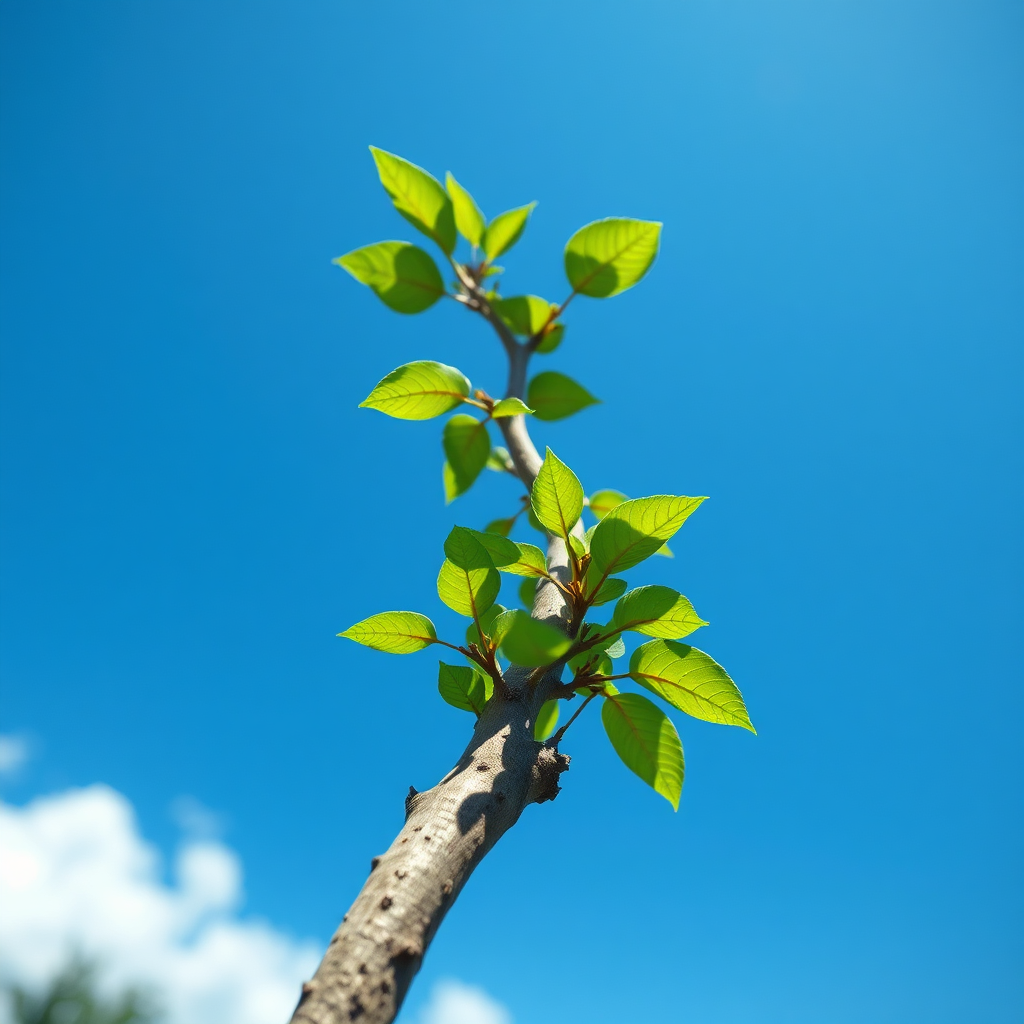 A photorealistic image of a sapling bending in a strong wind but not breaking. The background shows a clear blue sky after a storm. The color palette is vibrant and hopeful, with greens and blues dominating. Lighting is bright and optimistic, emphasizing the resilience of the sapling. The camera angle is low, emphasizing the sapling's upward growth. Add textures to the bark and leaves to enhance realism. The overall style is uplifting and inspiring. Render in high quality detail.
