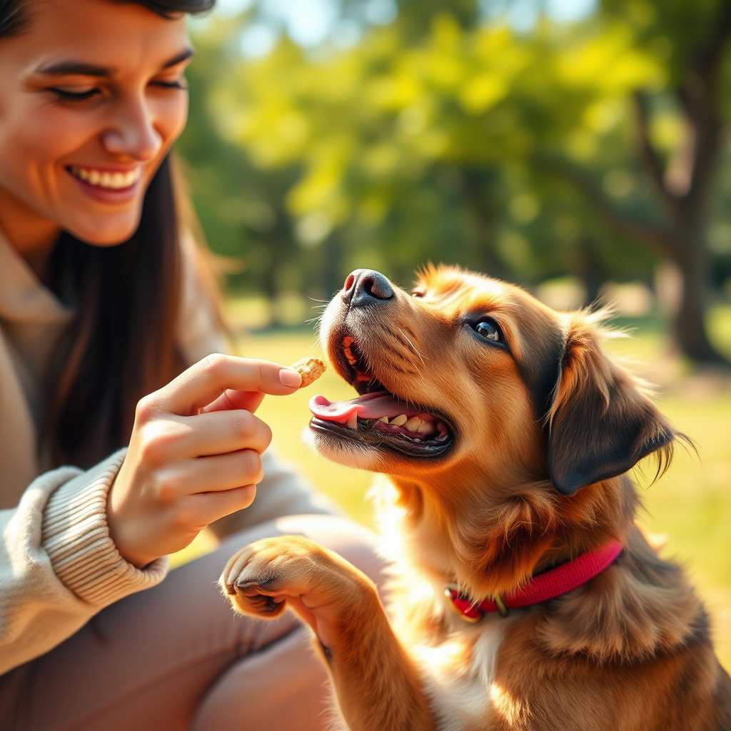 A photorealistic image showing a person training a dog with positive reinforcement. The person is holding a treat and smiling, while the dog is attentively performing a trick. The background is a bright and cheerful park setting. The color palette is warm and inviting, with natural greens and blues dominating. Lighting is soft and natural, creating a positive and encouraging atmosphere. The camera angle is at eye level, capturing the connection between the person and the dog. Add textures to the fur and clothing to enhance realism. The overall style is heartwarming and relatable. Render in high quality detail.