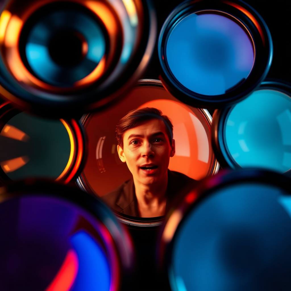 A stylized image representing cognitive biases. The composition includes multiple overlapping lenses, each distorting a central image in a different way. The color palette is vibrant and contrasting, with different colors representing different biases. Lighting is dramatic, highlighting the distortions created by the lenses. The camera angle is a close-up, emphasizing the complexity of the distorted image. The style is abstract and conceptual, visually representing the theme of cognitive distortions. Render in high quality detail.
