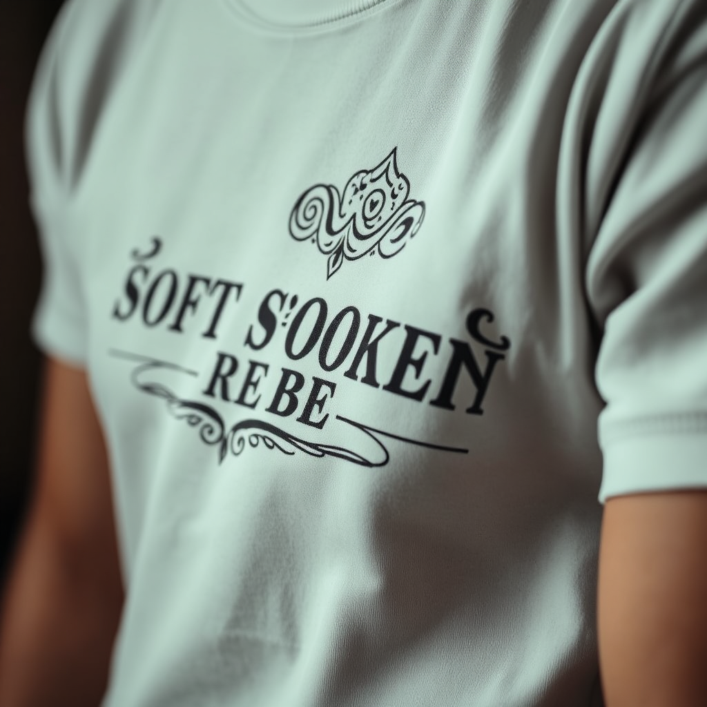 A close-up shot of a personalized Soft Spoken Rebel t-shirt with intricate details and personal touches. Focus on the craftsmanship and the unique elements of the design. Soft, diffused lighting. Muted and elegant palette. Style reference: Product photography with a focus on personalization.