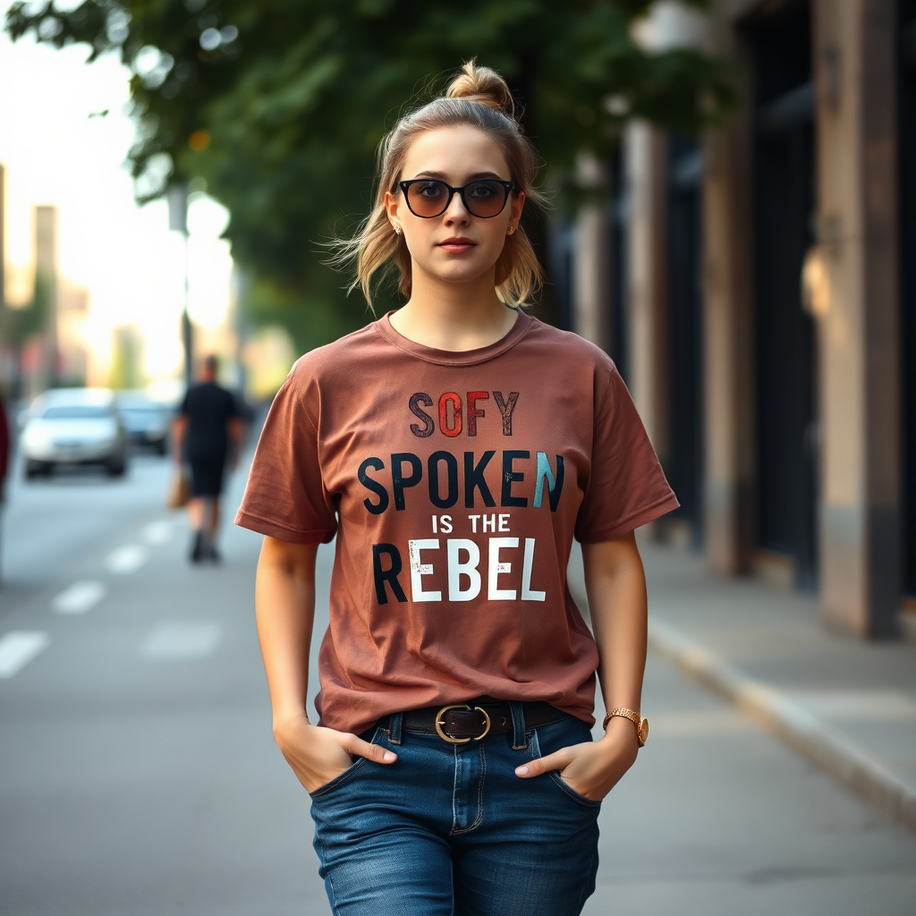 A person confidently walking down a street, wearing a personalized Soft Spoken Rebel t-shirt that reflects their unique style. Focus on their confidence and individuality. Natural lighting. Urban, diverse color palette. Style reference: Street style photography.