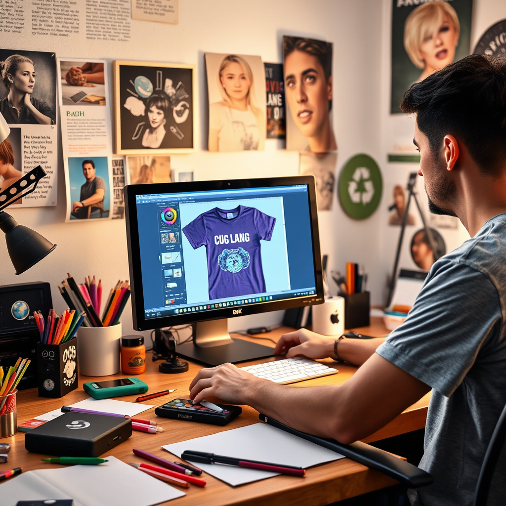 A person designing a custom t-shirt on a computer, surrounded by creative tools and inspiration. Focus on the creative process and personal expression. Bright, inspiring lighting. Vibrant and colorful palette. Style reference: Creative workspace photography.