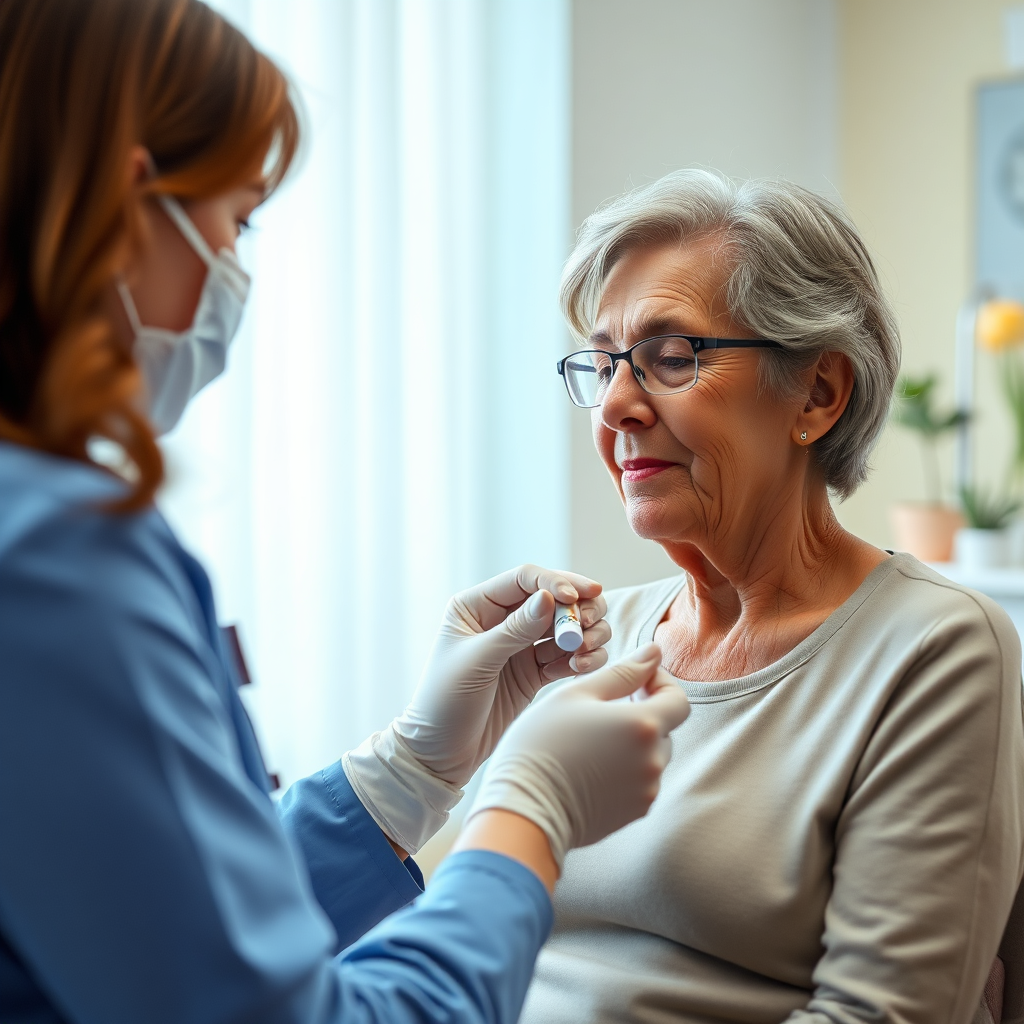A photorealistic image depicting a nurse carefully administering medication to a resident in a care home. The scene showcases proper medication handling and administration procedures. The resident appears comfortable and trusting. The color palette is clean and clinical. Style references: accurate, safe, and reliable. Technical specs: 4K resolution, high-quality rendering.