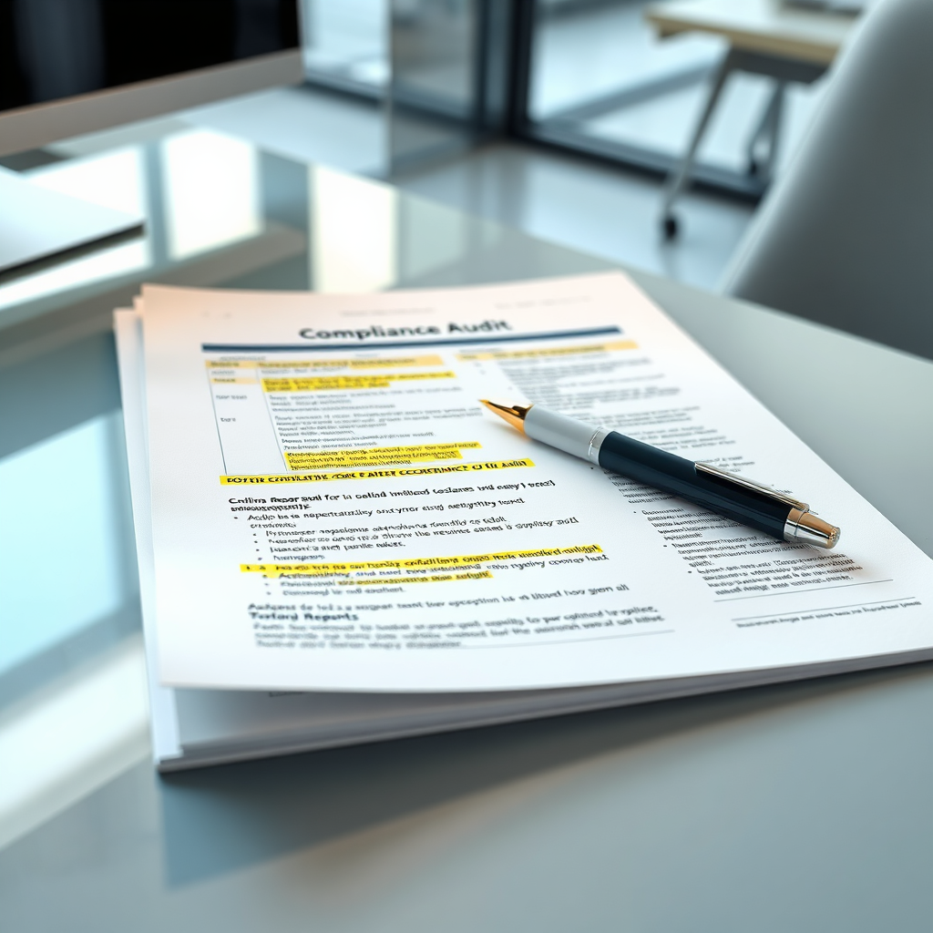 A photorealistic image of a detailed compliance audit report with highlighted sections and annotations, lying on a desk in a modern office setting. A pen is resting on top of the report. The lighting is bright and professional. The color palette is neutral and professional. Technical specs: 4K resolution, high-quality rendering.