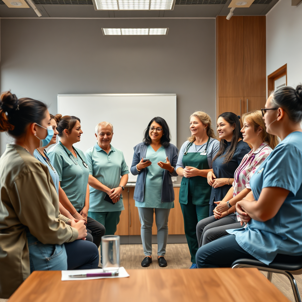 A photorealistic image of a diverse group of care home staff members participating in an engaging training session. A trainer is leading the session with enthusiasm and clarity. The setting is a modern training room. The color palette is vibrant and encouraging. Technical specs: 4K resolution, high-quality rendering.