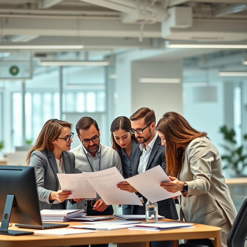 A photorealistic image of a team of professionals collaborating on policy development in a modern office environment. They are reviewing documents and brainstorming ideas. The atmosphere is collaborative and productive. The color palette is professional and organized. Technical specs: 4K resolution, high-quality rendering.