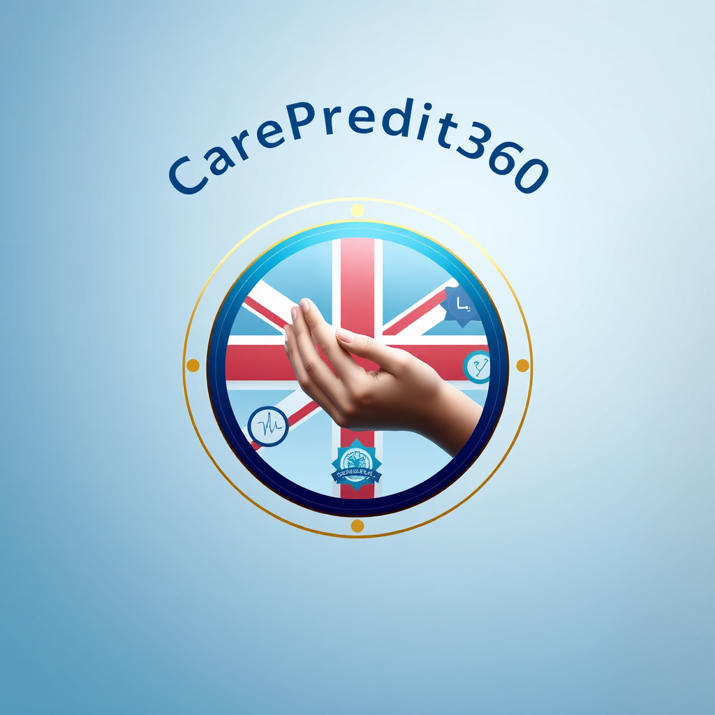 A photorealistic image representing the mission of CarePredict360. It depicts a circular emblem comprised of intertwined elements: a caring hand gently holding another, a stylized representation of the UK flag, and abstract icons symbolizing regulatory compliance. The color palette is professional and reassuring, using shades of blue, green, and gold. The background is clean and minimalist, with a subtle gradient. The lighting is soft and even, highlighting the details of the emblem. The camera angle is a medium shot, capturing the entire emblem with clarity. Textures should be smooth and refined, giving the image a polished look. Style references: corporate, trustworthy, and compassionate. Technical specs: 4K resolution, high-quality rendering.