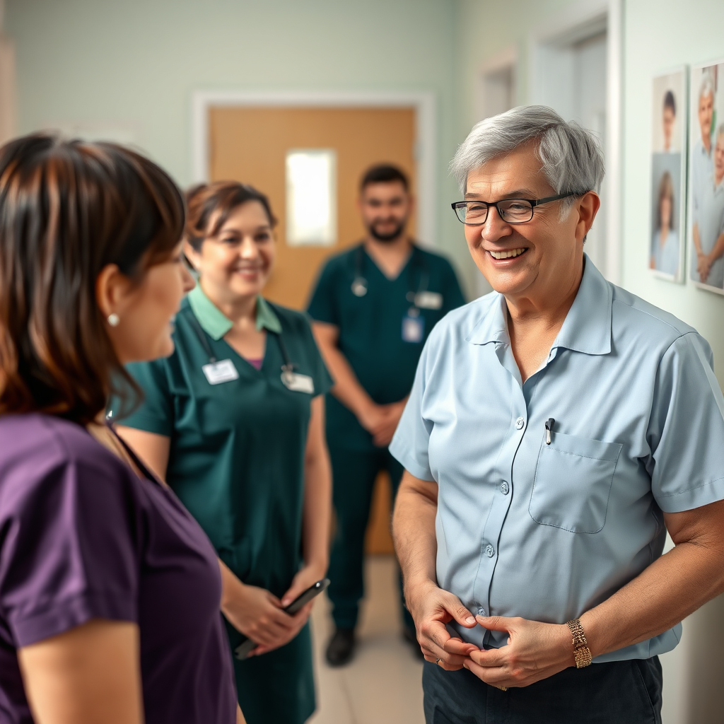 A photorealistic image representing a well-prepared care home team undergoing a CQC inspection. The staff members are confident and organized, and the environment is clean and welcoming. The inspector is smiling and engaged in a positive dialogue. The color palette is professional and reassuring. Style references: competent, efficient, and transparent. Technical specs: 4K resolution, high-quality rendering.