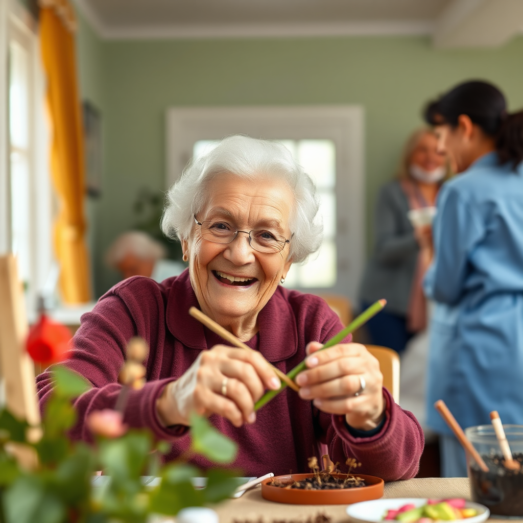 A photorealistic image showcasing an elderly resident engaging in a fulfilling activity, such as painting or gardening, within a care home setting. The resident is smiling and appears happy and engaged. The background depicts a supportive and encouraging environment, with other residents and caregivers nearby. The color palette is warm and inviting. Style references: heartwarming, uplifting, and person-centered. Technical specs: 4K resolution, high-quality rendering.