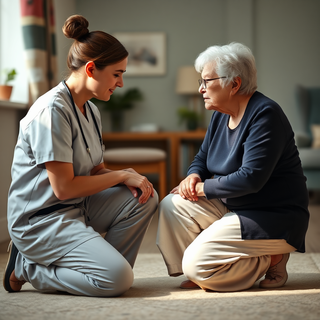A photorealistic image showcasing a care home staff member interacting with a resident with respect and compassion. The staff member is kneeling down to be at the resident's eye level and is actively listening to them. The color palette is warm and inviting. Style references: respectful, empathetic, and compassionate. Technical specs: 4K resolution, high-quality rendering.