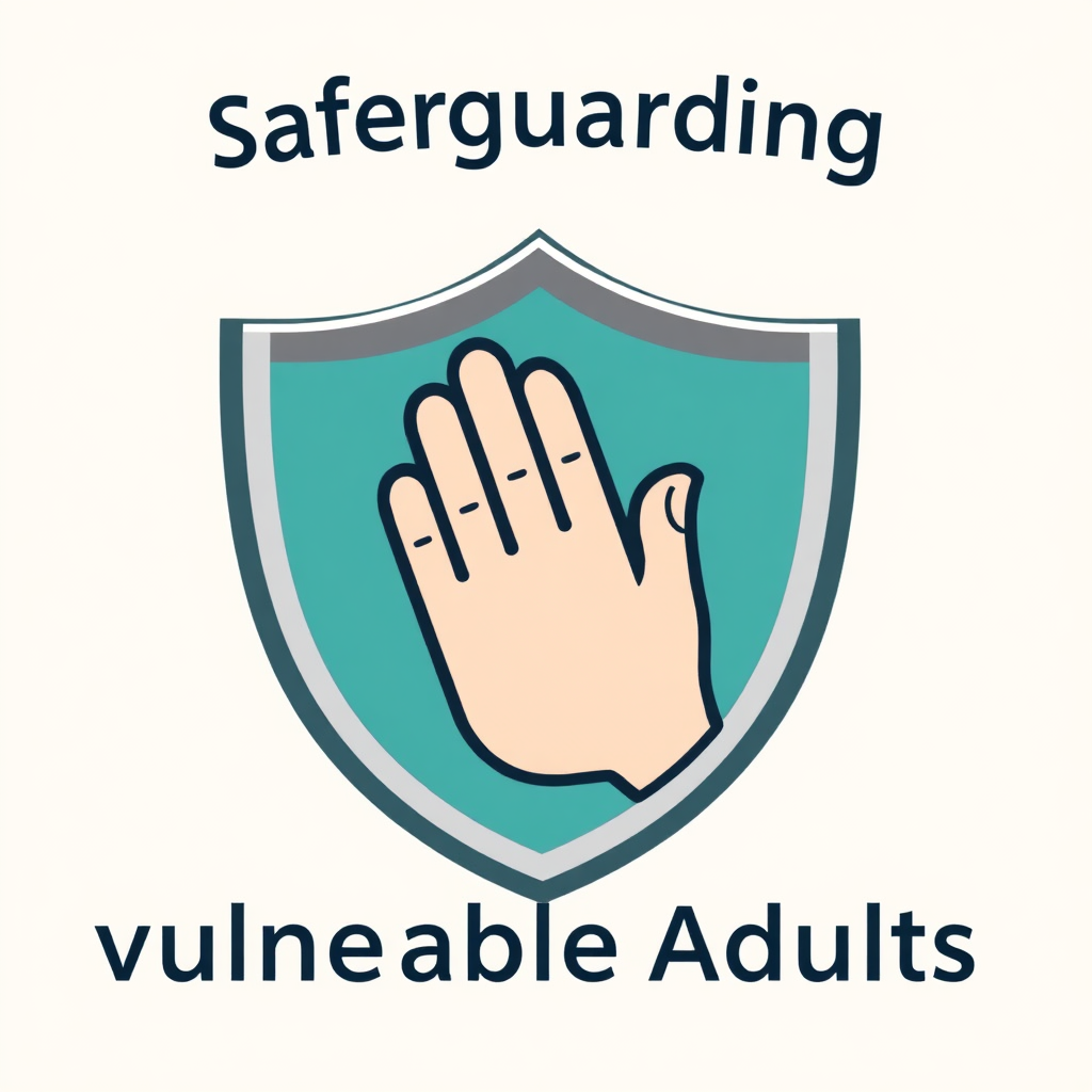 A stylized image representing safeguarding vulnerable adults. It depicts a shield with a caring hand superimposed on it, symbolizing protection and support. The background is a soft, neutral color. The color palette is calming and reassuring. Style references: secure, supportive, and compassionate. Technical specs: 4K resolution, high-quality rendering.