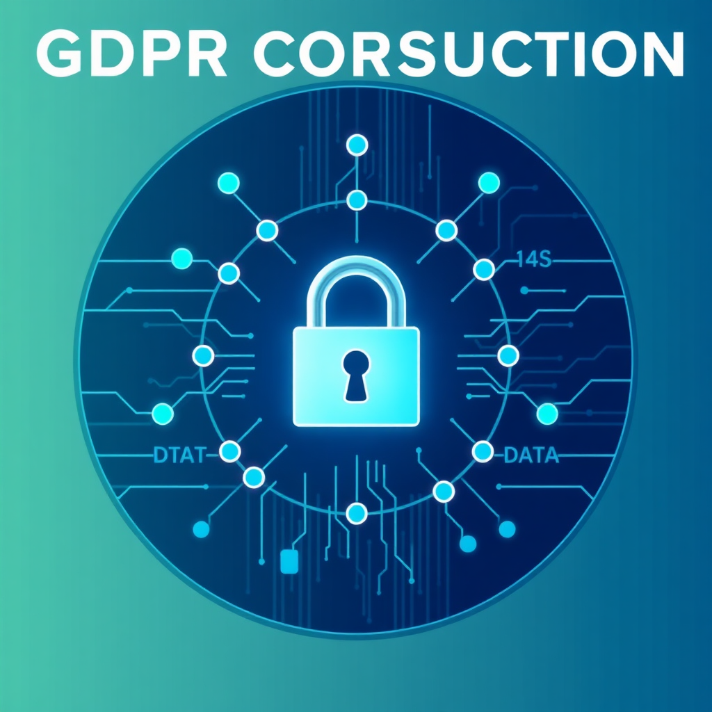 An abstract image representing data protection and GDPR compliance. It depicts a lock icon surrounded by data streams, symbolizing secure and confidential information management. The color palette is modern and tech-focused. Style references: secure, private, and compliant. Technical specs: 4K resolution, high-quality rendering.