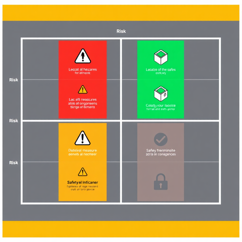 An abstract image representing risk assessment and management. It depicts a grid pattern with potential hazards highlighted in red and safety measures marked in green. The color palette is clear and informative. Style references: organized, preventative, and secure. Technical specs: 4K resolution, high-quality rendering.