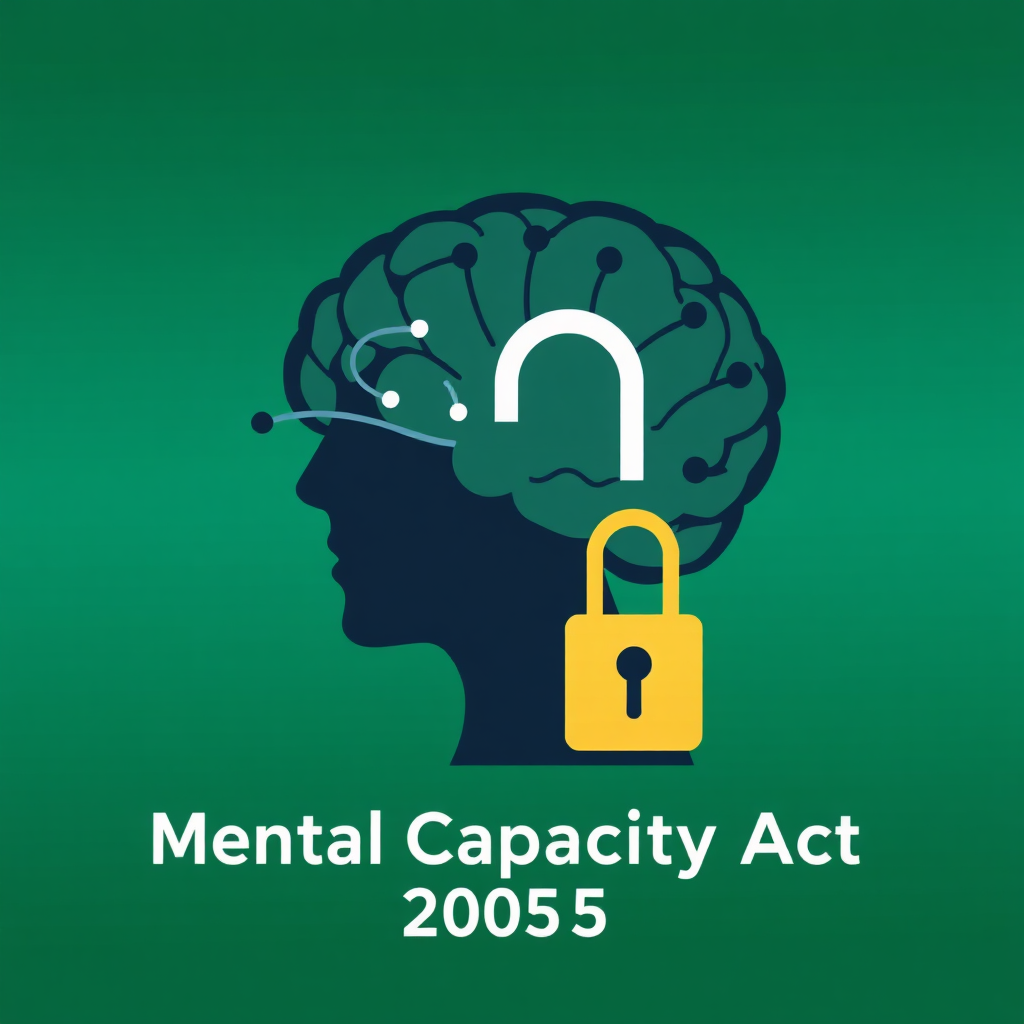 An abstract, stylized image representing the Mental Capacity Act 2005. It depicts a brain silhouette with interconnected nodes, symbolizing understanding and decision-making. A key turning in a lock represents informed consent and protection of rights. The color palette is calming, with shades of green and blue. Style references: thoughtful, respectful, and empowering. Technical specs: 4K resolution, high-quality rendering.