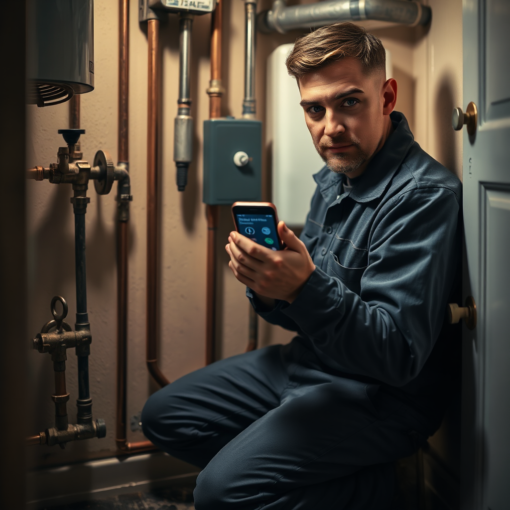 UK plumber on-site in a dark utility room checking a phone with multiple missed call notifications