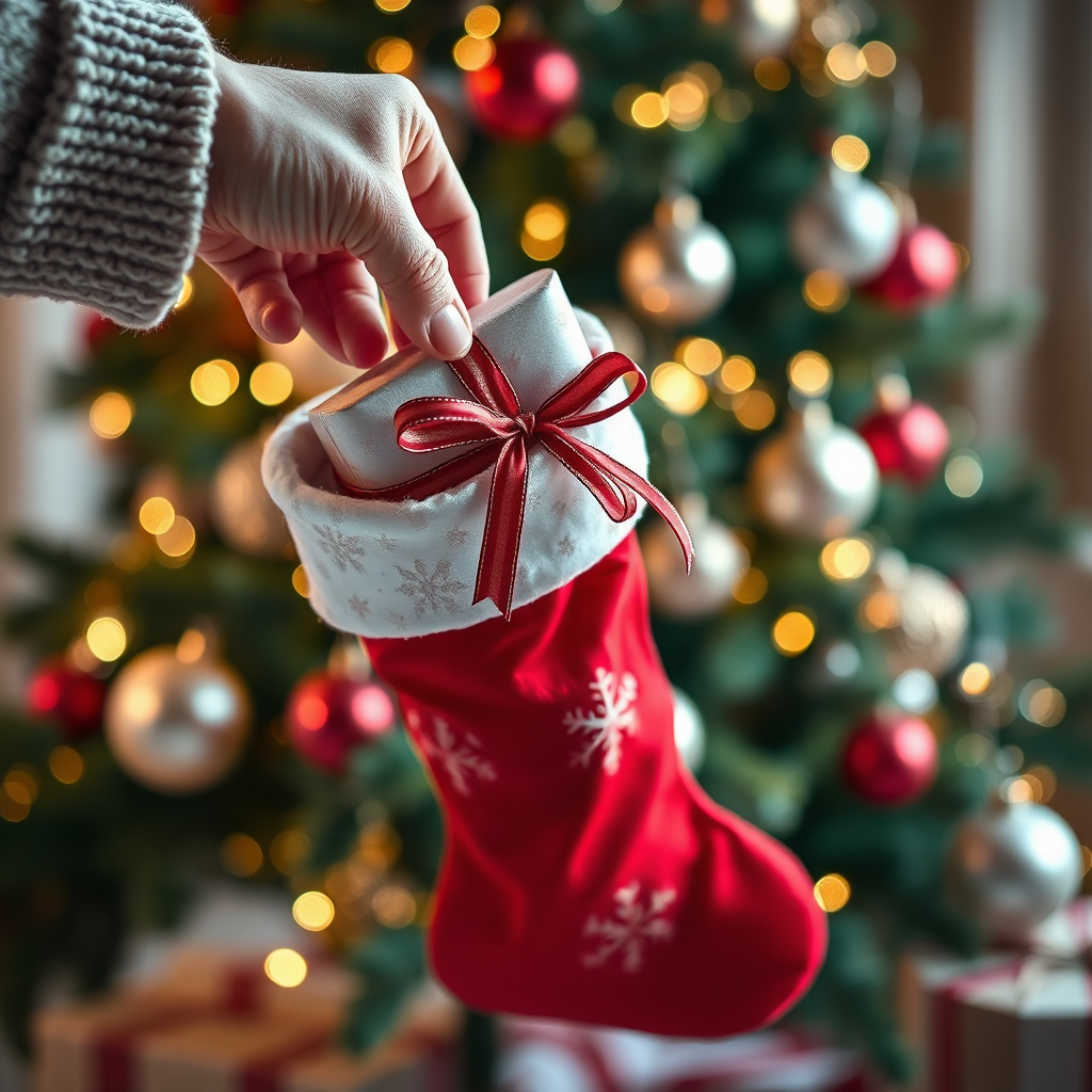 A beautifully wrapped Christmas stocking stuffer being carefully placed inside a Christmas stocking. Focus on the elegant wrapping and presentation. The lighting should be soft and festive. The color palette should be rich and luxurious. The background should be a blurred view of a beautifully decorated Christmas tree. Style references: lifestyle photography emphasizing elegance and presentation. Technical specs: 4K resolution, high quality rendering, shallow depth of field.