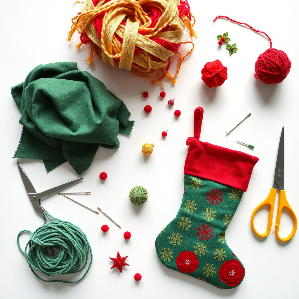A brightly lit craft table with various materials for making Christmas stockings. Include items like fabric scraps, yarn, scissors, needles, and thread. The composition should be arranged to showcase the creative process. The lighting should be bright and even. The color palette should be vibrant and inspiring. The background should be a clean, white surface. Style references: DIY craft photography with a focus on accessibility and creativity. Technical specs: 4K resolution, high quality rendering, overhead perspective.
