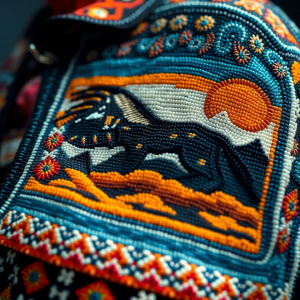A close-up, photorealistic shot of intricate beadwork on a custom-made Native American-inspired jacket.  The beadwork should depict a symbolic scene from Native American culture, such as a spirit animal or a significant landscape.  The image should emphasize the texture and detail of the beadwork, the craftsmanship, and the rich colors used. The background should be blurred to draw focus to the beadwork. High-resolution, sharp focus, studio lighting.