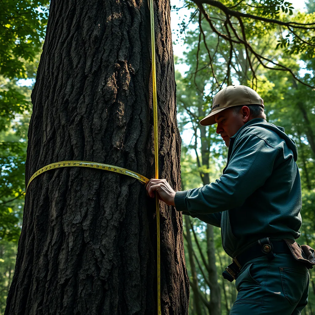 A close-up photo of an arborist inspecting a large tree with a measuring tape, focusing on the tree's trunk and branches. The background should be a lush forest with dappled sunlight filtering through the canopy.