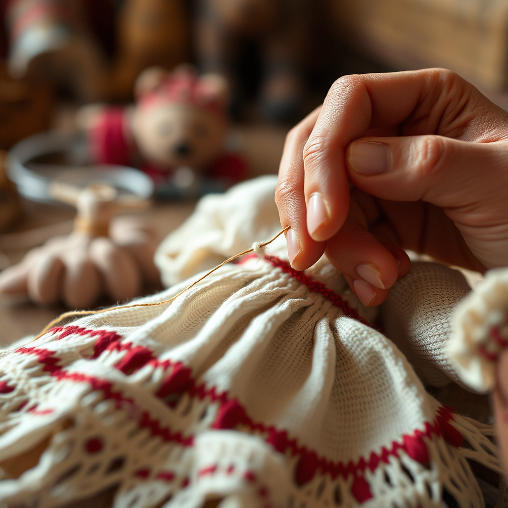 A close-up, photorealistic shot of a artisan's hands delicately embroidering a Cherokee doll dress. The focus is on the needle and thread, showcasing the precision and care involved in the process. The background is softly blurred, with hints of other handcrafted items. Warm, natural lighting enhances the textures. The camera angle is intimate, drawing the viewer into the artisan's world. 4k resolution, high quality.