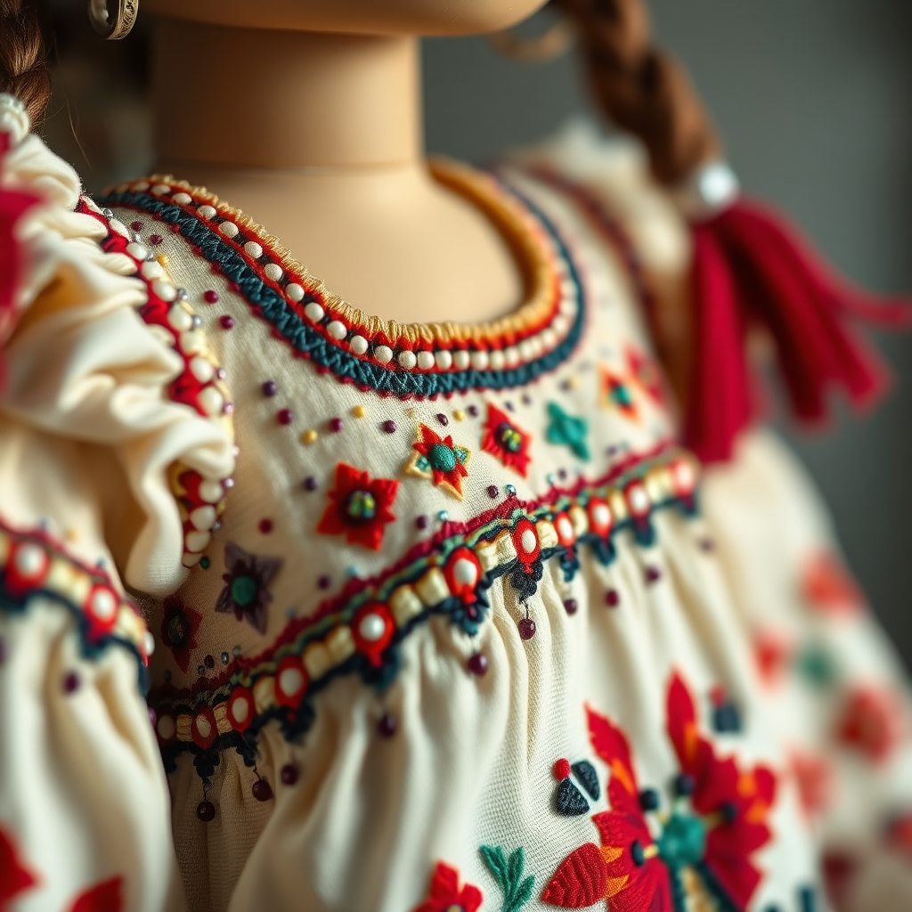 A close-up shot of a beautifully crafted Cherokee doll dress, showcasing the intricate beadwork, delicate embroidery, and vibrant colors. The dress is displayed on a miniature mannequin. The lighting is soft and highlights the textures of the fabric and embellishments. 4K resolution.