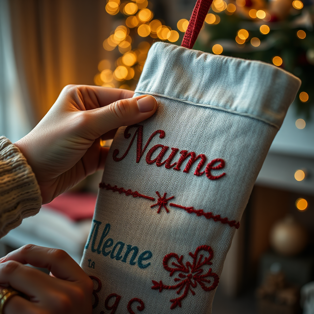 A close-up shot of a hand embroidering a name onto a Christmas stocking. Focus on the intricate details of the embroidery, using a classic, elegant font. The lighting should be warm and inviting. The color palette should be muted and sophisticated. The background should be a blurred view of a cozy living room setting. Style references: vintage embroidery advertisements with a modern twist. Technical specs: 4K resolution, high quality rendering, shallow depth of field.