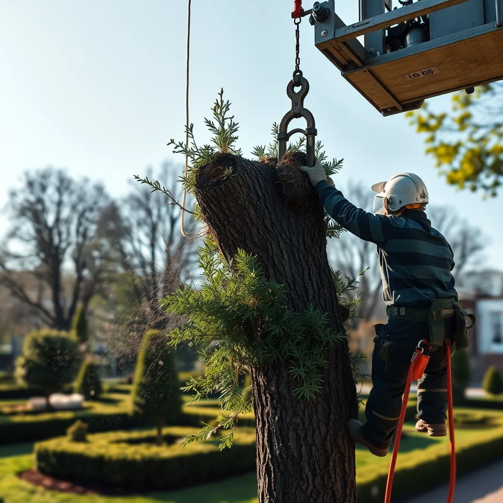 A close-up shot of a tree being removed by a professional using a crane and specialized cutting equipment. The image should highlight the precision and care taken during the process, with minimal disruption to the surrounding environment. The background could showcase a neatly maintained garden or park.