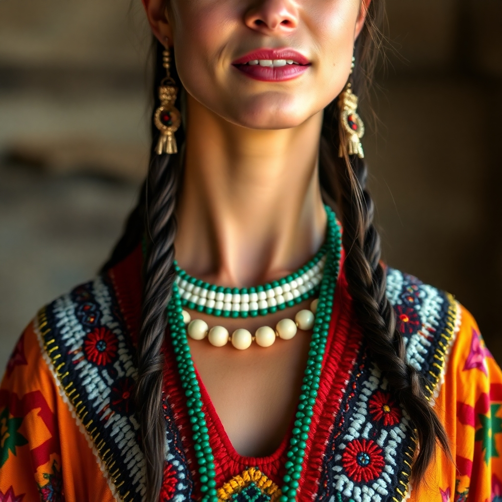 A close-up shot of a woman wearing a custom-made Native American dress with intricate beadwork and vibrant colors. The dress features traditional patterns and unique design elements. The background is blurred, focusing on the dress's details and the woman's proud expression. The lighting is soft and natural, enhancing the beauty of the dress and the rich textures of the materials. Photorealistic style, 8k resolution, high detail, cinematic lighting