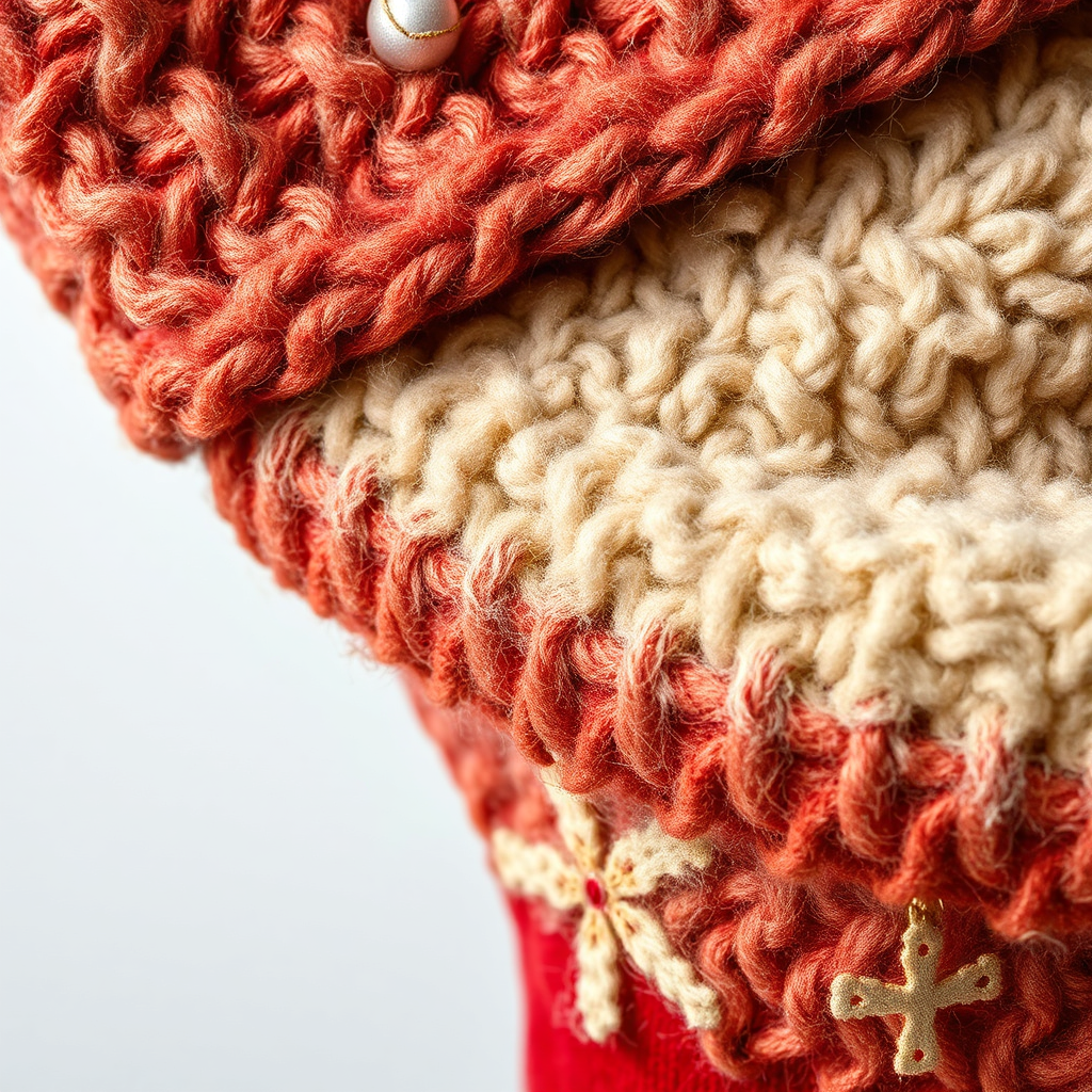 A detailed close-up shot highlighting the quality materials used in crafting a Christmas stocking. Focus on textures like soft wool, luxurious velvet, or durable stitching. The lighting should be bright and even, showcasing the craftsmanship. The background should be minimalist, drawing attention to the quality of the materials. Style references: product photography emphasizing high-end materials and craftsmanship. Technical specs: 4K resolution, high quality rendering, macro lens effect for detail.