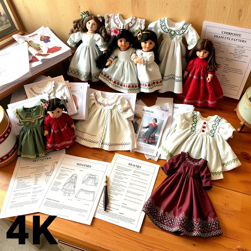 A high-quality image showcasing a variety of Cherokee doll dress patterns, both digital and physical, arranged artfully on a workbench. The image highlights the intricate details and clear instructions of each pattern. The lighting is warm and inviting. 4K resolution.