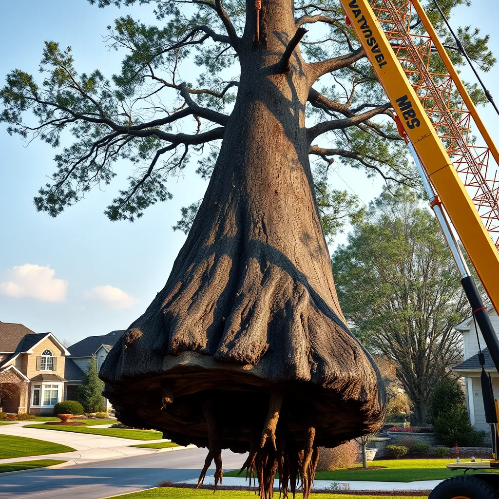 A photo of a large tree being carefully lifted by a crane, with a clear view of the crane's mechanical arm and the tree's roots being exposed. The background should be a suburban neighborhood with houses and well-maintained landscaping.