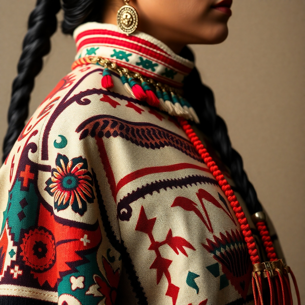 A photorealistic close-up image of intricate designs on a custom-made Native American woman's garment, focusing on the symbolism and color choices.  The designs should be rich in detail and clearly illustrate their cultural meaning. Include a small descriptive caption explaining the symbolism of specific design elements and colors. The background should be a soft, neutral color to enhance the vibrancy of the garment and details.