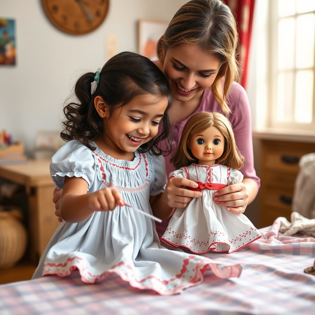 A photorealistic image depicting a child and an adult working together on a Cherokee doll dress pattern. The child is happily cutting fabric, while the adult provides guidance. The scene is warm and inviting, showcasing the joy of crafting together. 4K resolution, high quality.