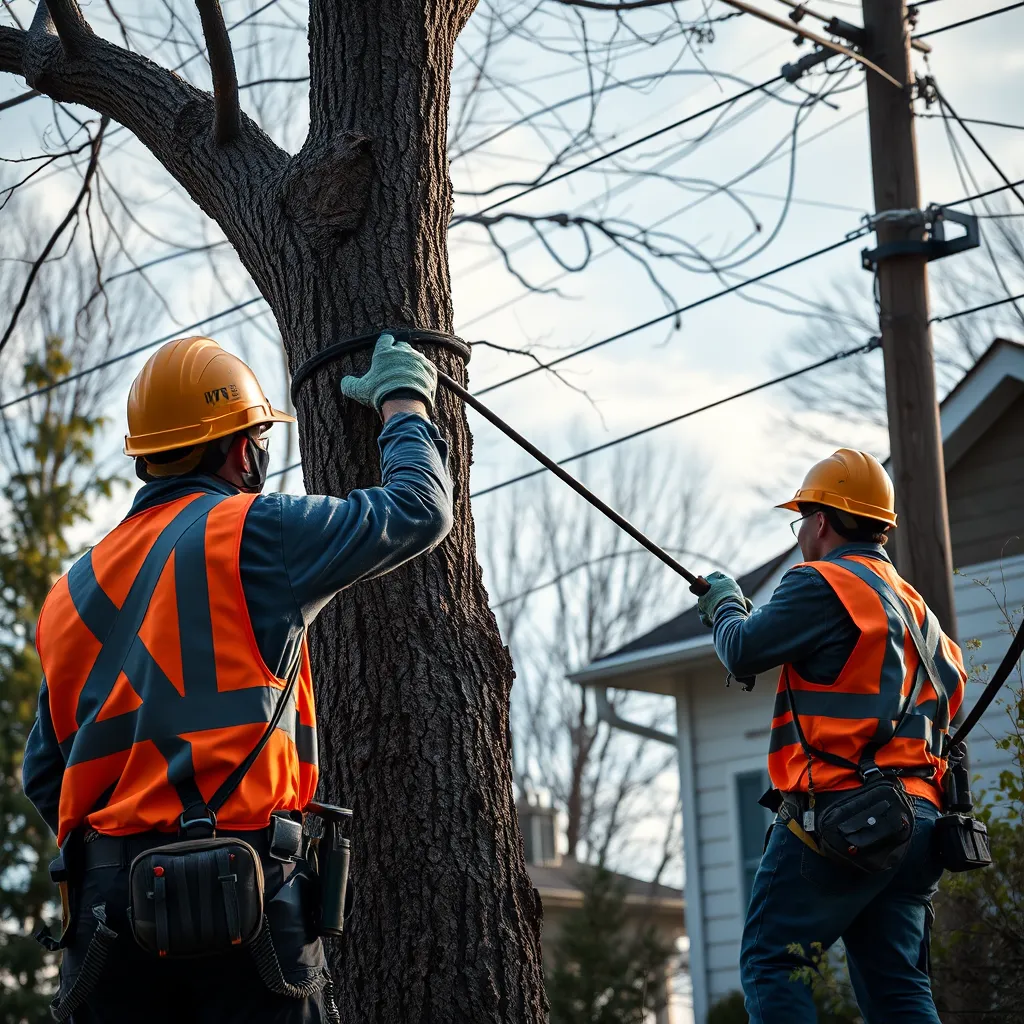 A photorealistic image depicting a tree removal crew wearing safety gear, such as helmets, gloves, and high-visibility vests, while working around power lines and a residential house. The image should emphasize the importance of safety precautions during tree removal.