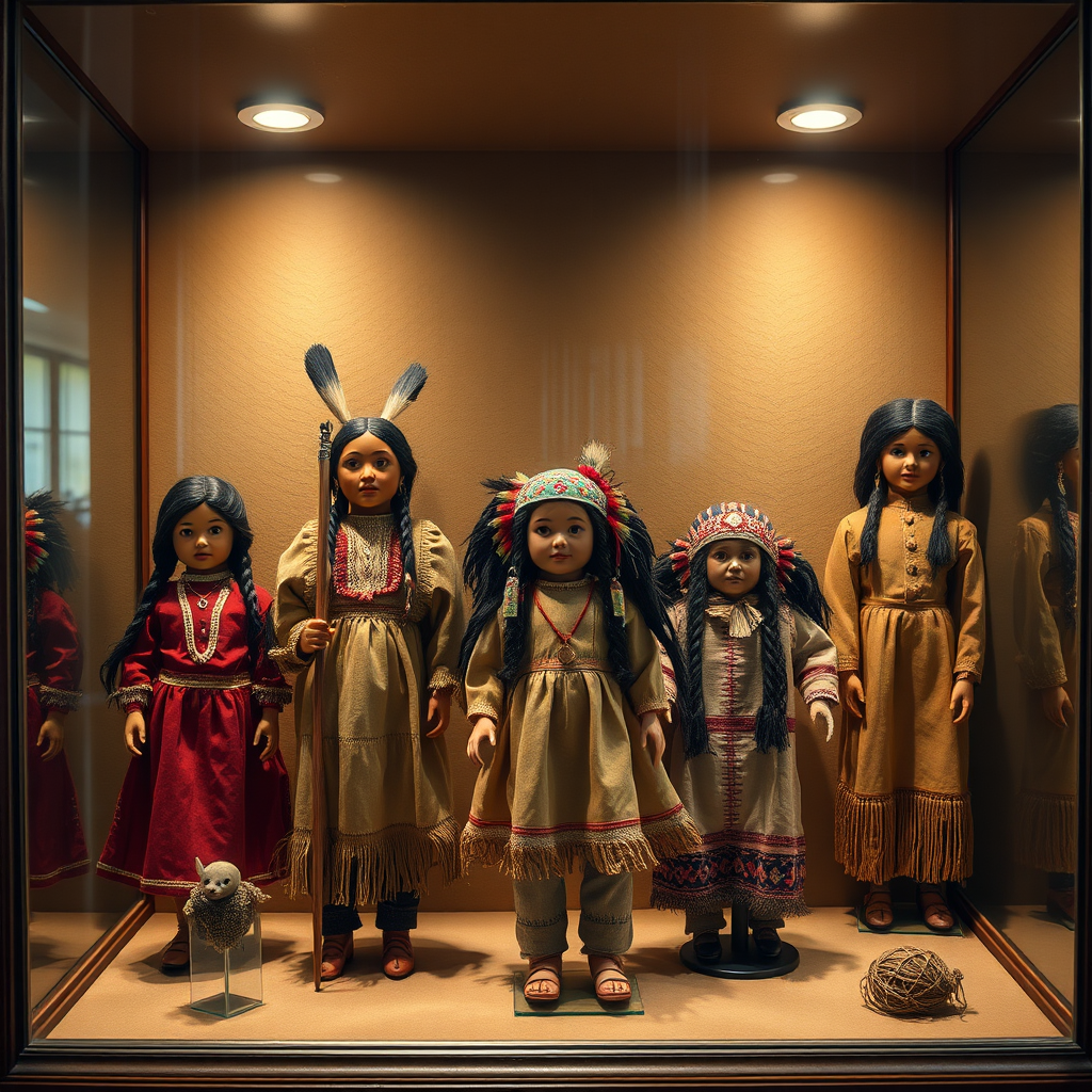 A photorealistic image of a collector's display case featuring several antique Cherokee dolls dressed in authentic, handmade outfits. The display case is elegantly lit, highlighting the intricate details and historical significance of each doll. The camera angle is a medium shot, capturing the arrangement and value of the collection. Add some shallow depth of field to draw focus on one doll in particular. 4K resolution, high quality.