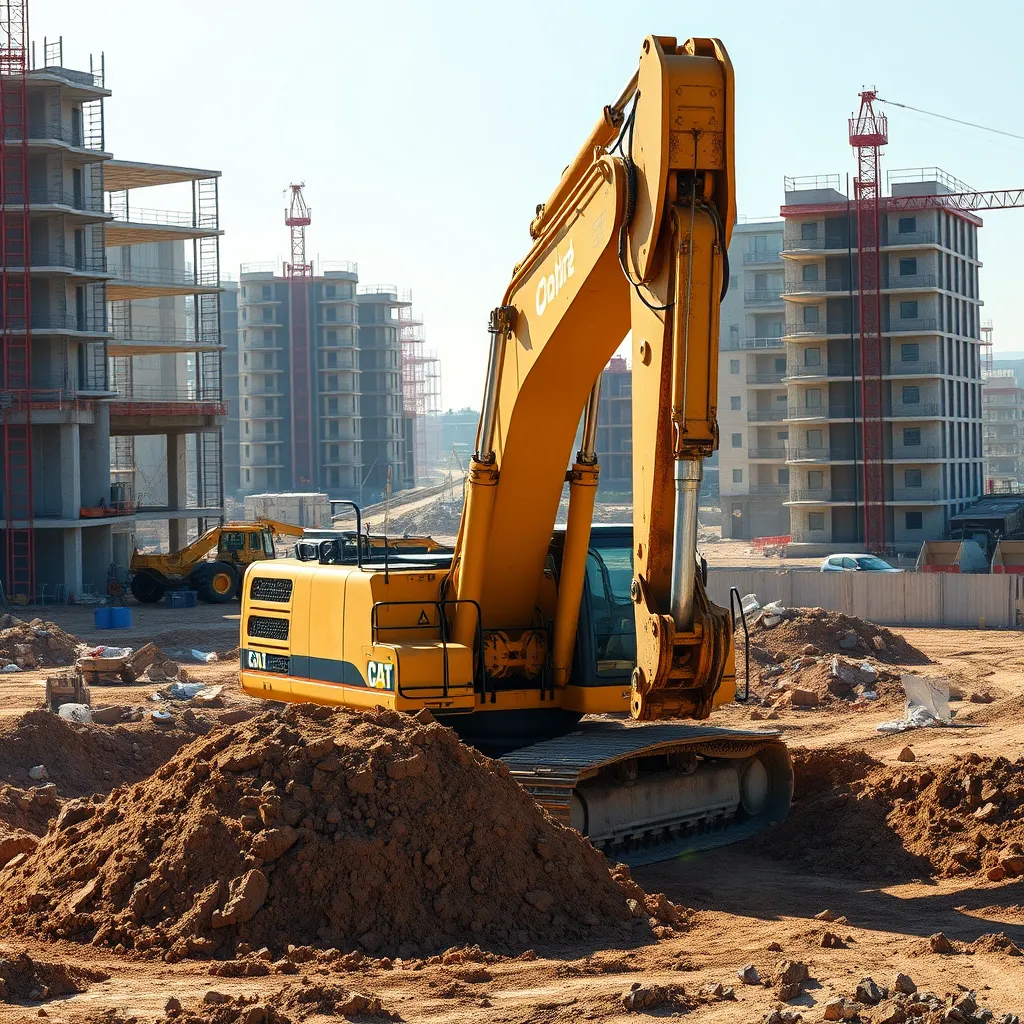A photorealistic image of a large excavator working on a construction site. The image should capture the power and precision of the machine, with the excavator's arm digging deep into the earth, moving large amounts of dirt with ease. The image should also showcase the surrounding construction site, including workers, construction materials, and partially completed buildings.  The image should be rendered in 8K resolution with hyperrealistic detail, capturing the texture of the soil, the metal of the excavator, and the intricate details of the construction site. The lighting should be bright and sunny, illuminating the scene with a sense of energy and progress. The composition should be dynamic, with the excavator moving through the scene, creating a sense of motion and activity.  