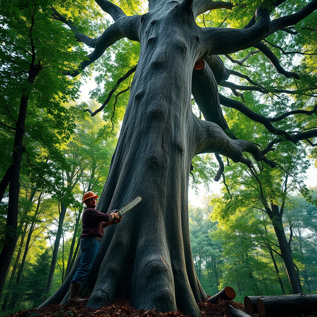 A photorealistic image of a large, towering oak tree being carefully felled by a skilled logger using a chainsaw. The image should capture the power and precision of the operation, with the logger standing in the foreground, focused and alert. The background should show a lush, green forest setting, with dappled sunlight filtering through the canopy. The colors should be vibrant and natural, emphasizing the beauty of the forest. The image should be rendered in 8K resolution with hyperrealistic detail, capturing the texture of the bark, the intricate grain patterns of the wood, and the subtle movement of the falling tree.  The composition should be dynamic, with the falling tree creating a sense of movement and energy. The lighting should be soft and diffused, illuminating the scene with a warm, natural glow. 