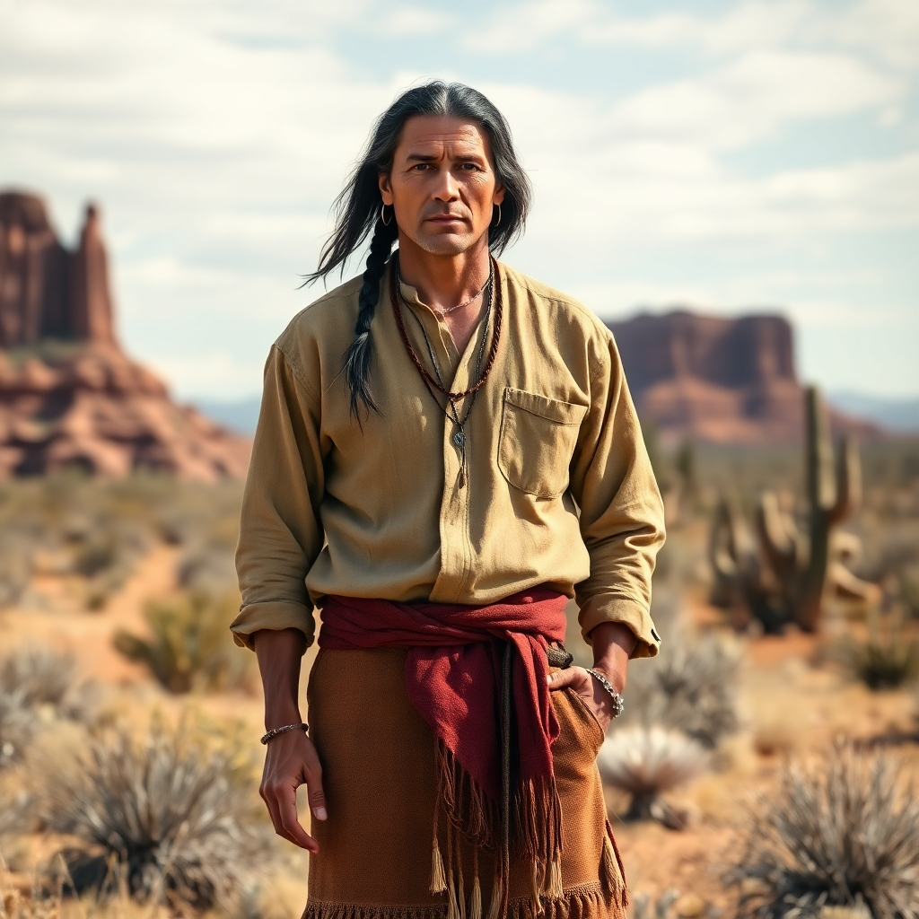 A photorealistic image of a Native American man from the Southwest wearing a simple cotton shirt and woven wool pants.  The clothing is in muted earthy tones like browns, creams and deep reds. The background is a Southwestern landscape with mesas and cacti, with natural lighting highlighting the texture of the clothing and the man’s calm demeanor. The overall style should be simple yet elegant, reflecting the practicality and beauty of the attire.