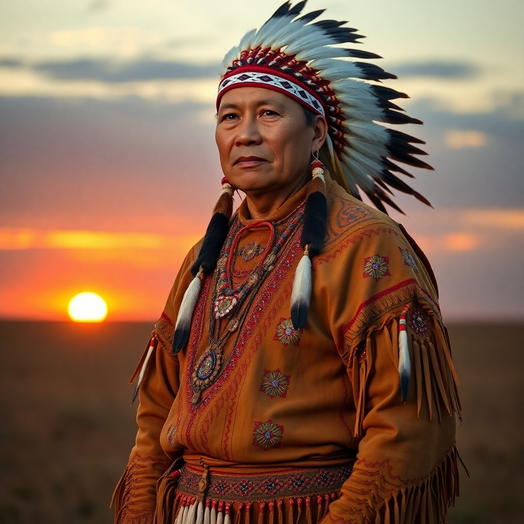 A photorealistic image of a Native American man in traditional Plains clothing, detailed beadwork on a buckskin shirt and leggings, adorned with feathers and a headdress.  The background is a blurred prairie landscape at sunset, with warm lighting highlighting the intricate details of the clothing. The man has a calm and dignified expression. The image should be high resolution and emphasize texture and detail, including the intricate beadwork and the softness of the leather.