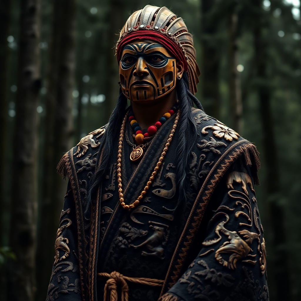 A photorealistic image of a Native American man wearing a ceremonial robe from the Northwest Coast, richly detailed with carvings of animals and spirits. The robe is made of woven cedar bark or wool, and is dark and richly colored. The man wears a wooden mask and is standing in a solemn and respectful posture in a dense forest setting.  The image should convey a sense of history and cultural significance, with sharp focus on the intricate details of the robe.