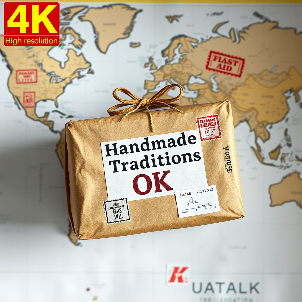 A photorealistic image of a package labeled "Handmade Traditions OK" being shipped internationally. The package is surrounded by stamps and customs forms, indicating its journey across the globe. The background is a world map. 4K resolution, high quality.