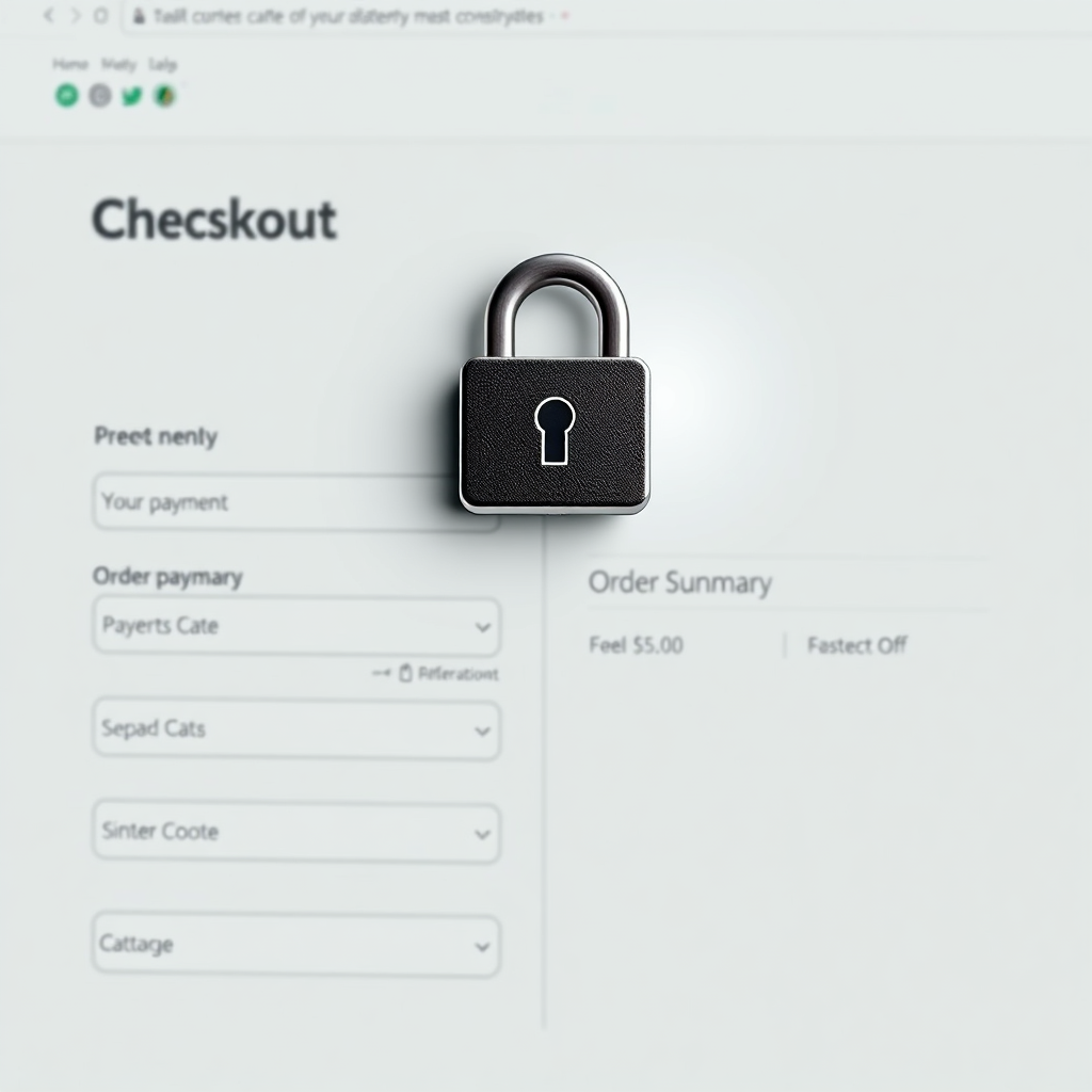 A photorealistic image of a secure checkout page with a padlock icon symbolizing security. The page features clear payment options and a concise order summary. The background is clean and professional. 4K resolution, high quality.