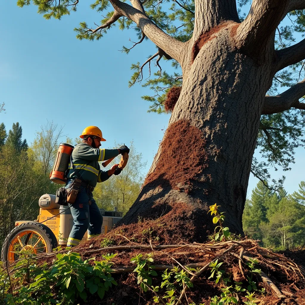 A photorealistic image of a tree removal company meticulously removing a large tree, ensuring minimal damage to surrounding vegetation and soil. The image should depict the responsible disposal of tree branches and roots.