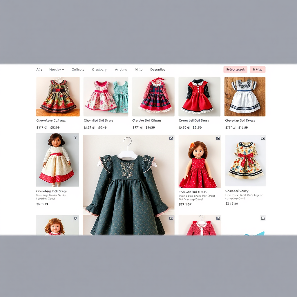A photorealistic image of a well-organized online shop page displaying a variety of Cherokee doll dresses and patterns. The layout is clean and user-friendly, with clear product images and descriptions. The background is neutral, allowing the dresses and patterns to stand out. 4K resolution, high quality.