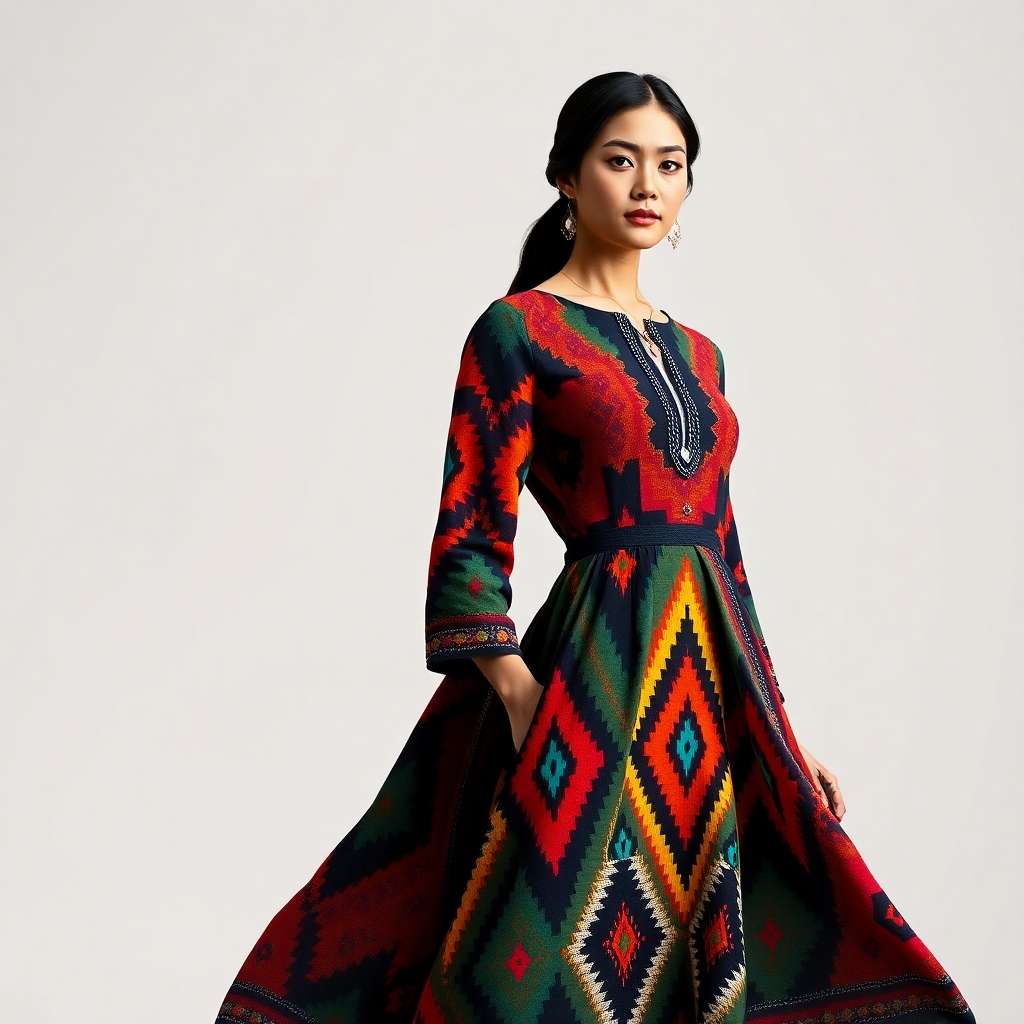 A photorealistic image of a woman wearing a custom-made dress featuring a vibrant geometric pattern inspired by Navajo weaving, with intricate beadwork accents. The dress is flowing and elegant, showcasing modern tailoring. The background should be a minimalist, neutral setting to highlight the dress's details. The model should have a serene expression, emphasizing the garment's cultural significance and artistic merit.  High-resolution, sharp focus, natural lighting.