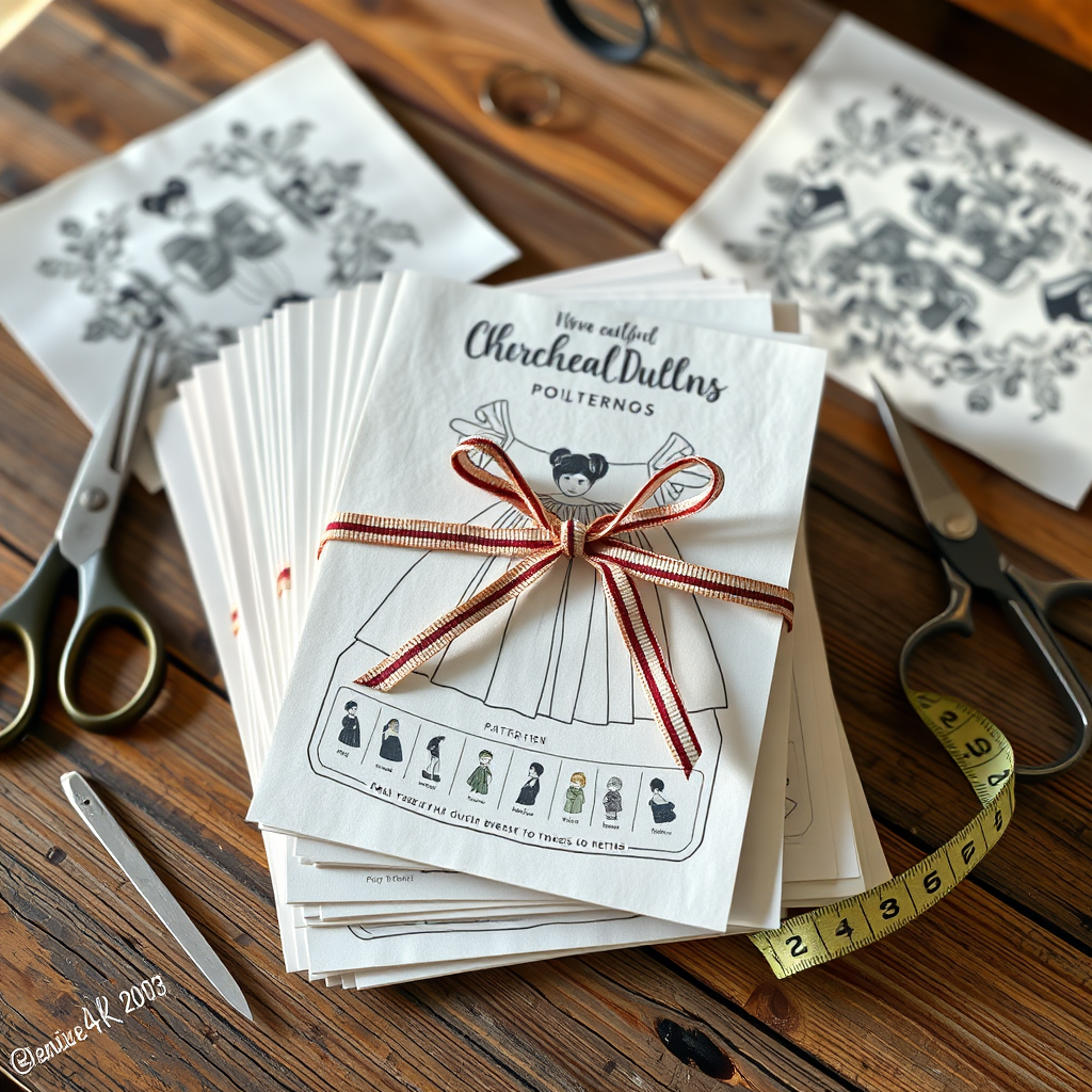 A photorealistic image showcasing a stack of beautifully printed Cherokee doll dress patterns tied with a ribbon. The patterns are arranged on a rustic wooden table, with a pair of scissors and a measuring tape nearby. Soft, natural lighting creates a warm and inviting atmosphere. 4K resolution, high quality.