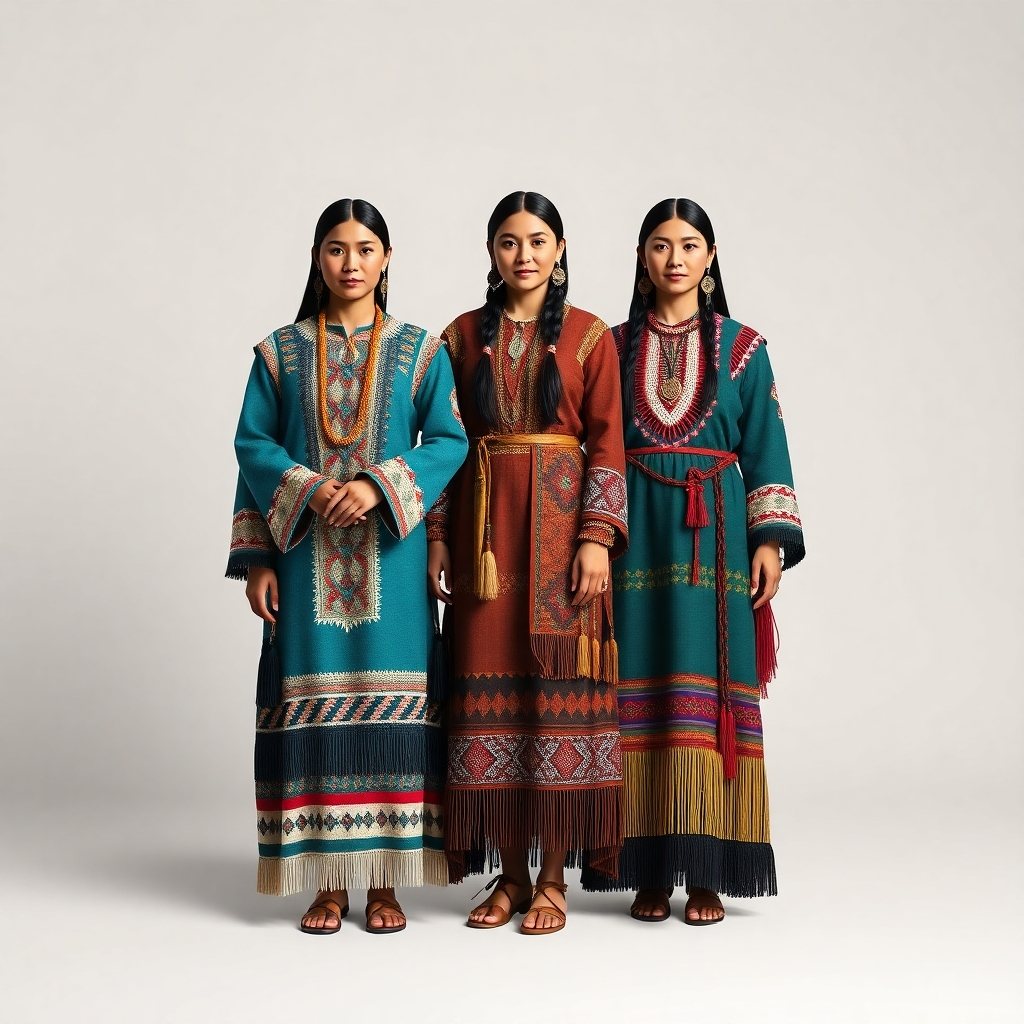 A photorealistic image showcasing three Native American women from different tribes, each wearing a traditional custom-made dress that reflects the unique style of her region. One dress should showcase southwestern designs, another should highlight northeastern patterns, and the third should represent a different region, like the plains.  Each woman should have a distinct appearance and posture to emphasize their individuality and cultural background. The background should be neutral to focus on the attire's diversity.
