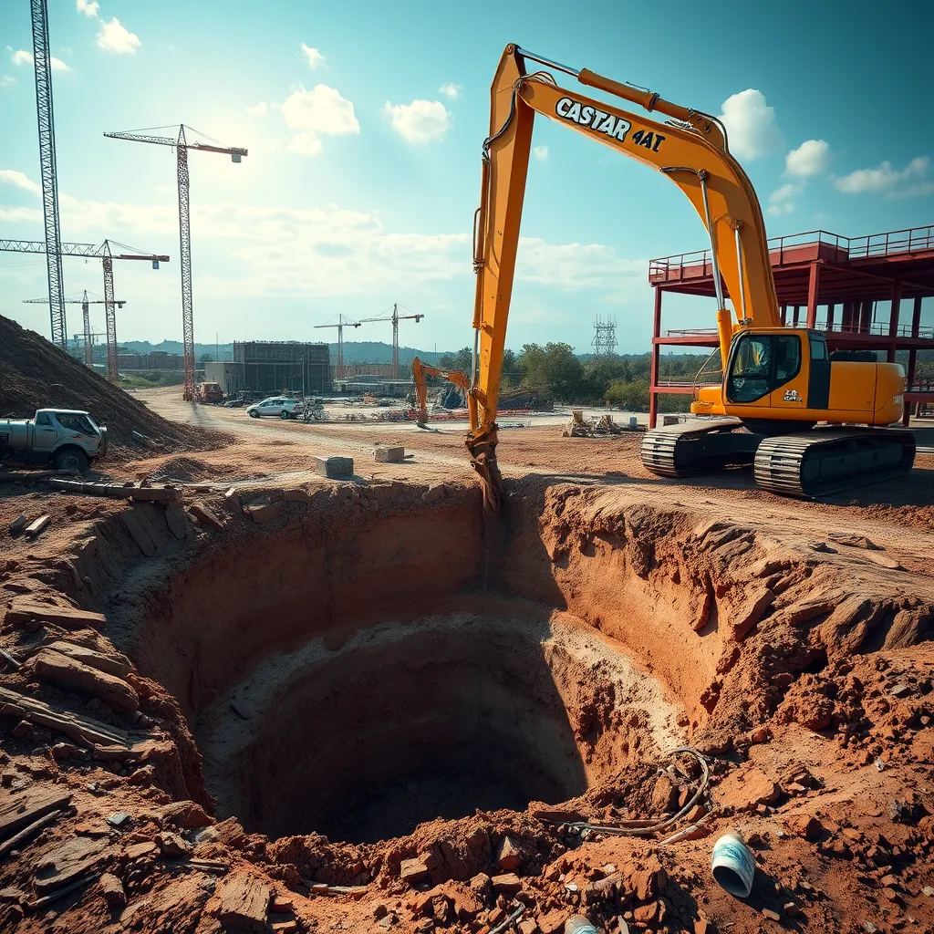A photorealistic image showing a construction site with an excavator digging a large hole in the ground, preparing for a new foundation. The image should highlight the careful planning and precision required for excavation.