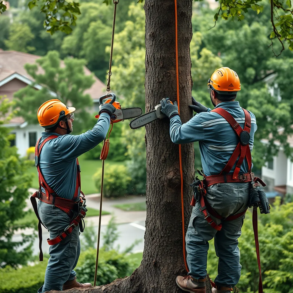A team of arborists wearing safety harnesses and helmets are carefully removing a large tree with a chainsaw, using ropes and specialized equipment. The background shows a residential neighborhood with houses and lush greenery. The image should convey a sense of professionalism and safety.